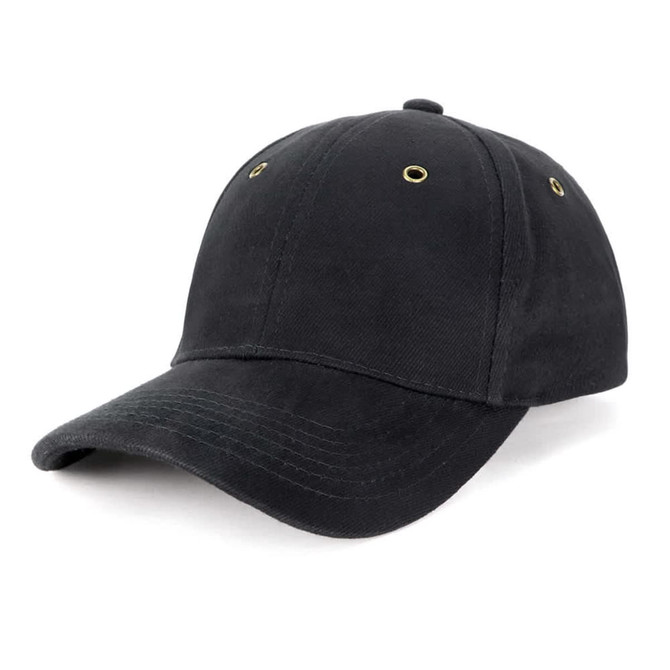 A black cap featuring a brass buckle and eyelets, designed for headwear. It has a curved brim and a classic style.
