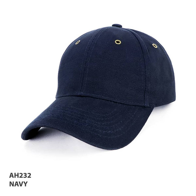A navy cap featuring a brass buckle and ventilation holes, with a logo on the front.