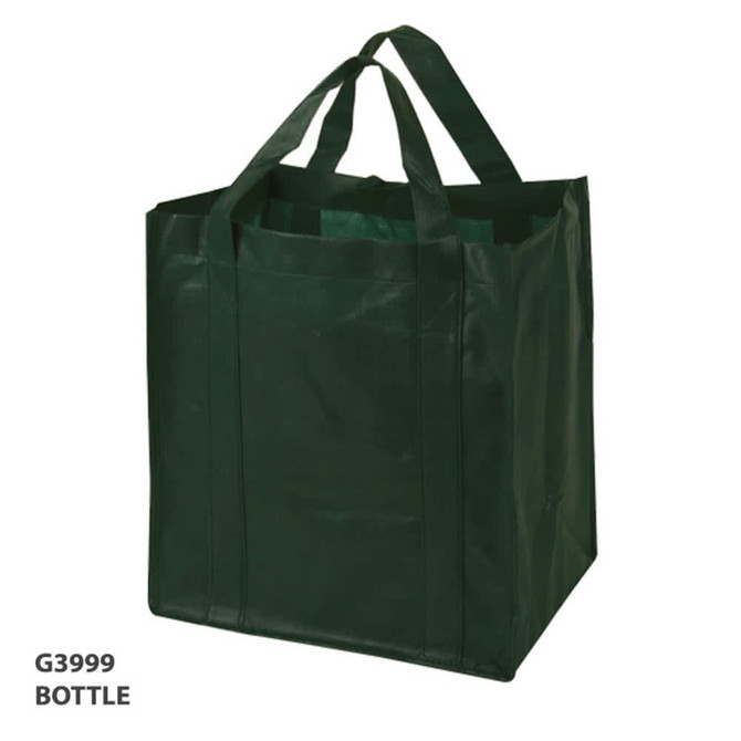 A dark green non-woven shopping bag with sturdy handles, featuring a branded logo.