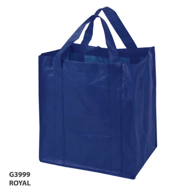 A royal blue non-woven shopping bag with sturdy handles and a spacious design. It features a branding logo.