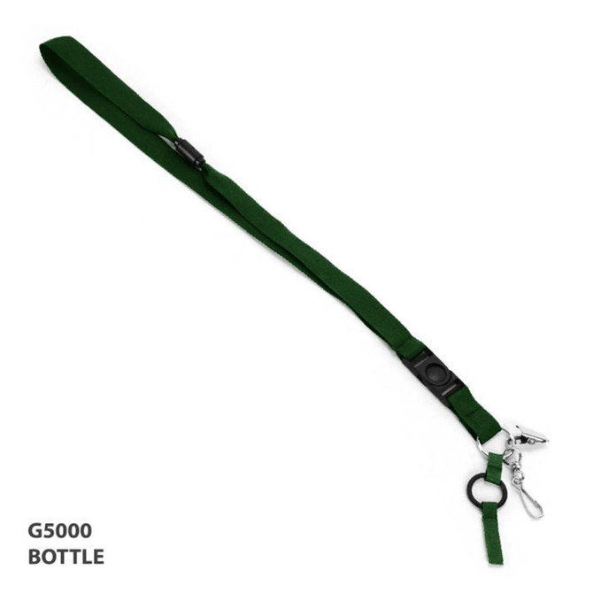 A green detachable lanyard with a clip and ring attachment, ideal for holding various items.