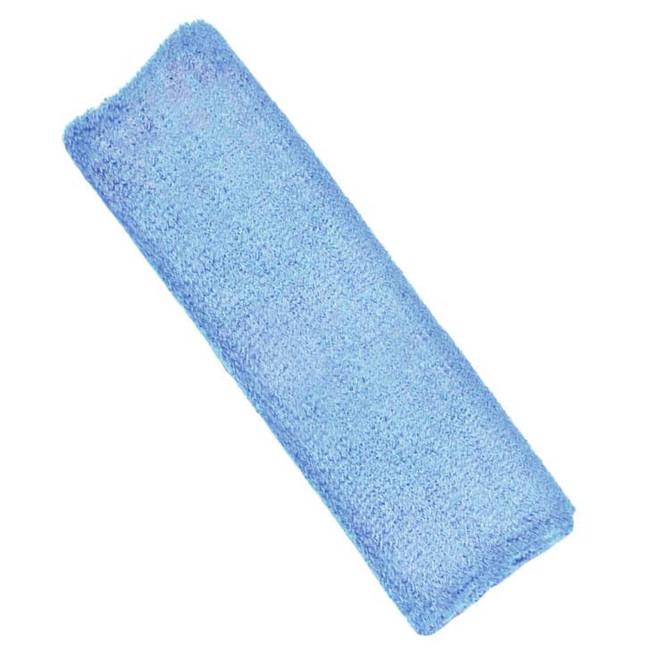 A blue terry cloth headband with a soft texture, featuring a logo or branding.