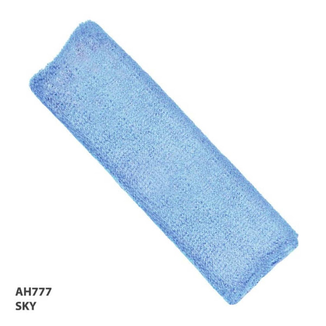 A blue headband made of soft material, featuring a branding logo.