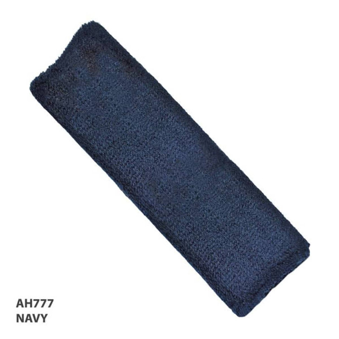 A navy blue headband made of soft, textured material, featuring a branding logo.