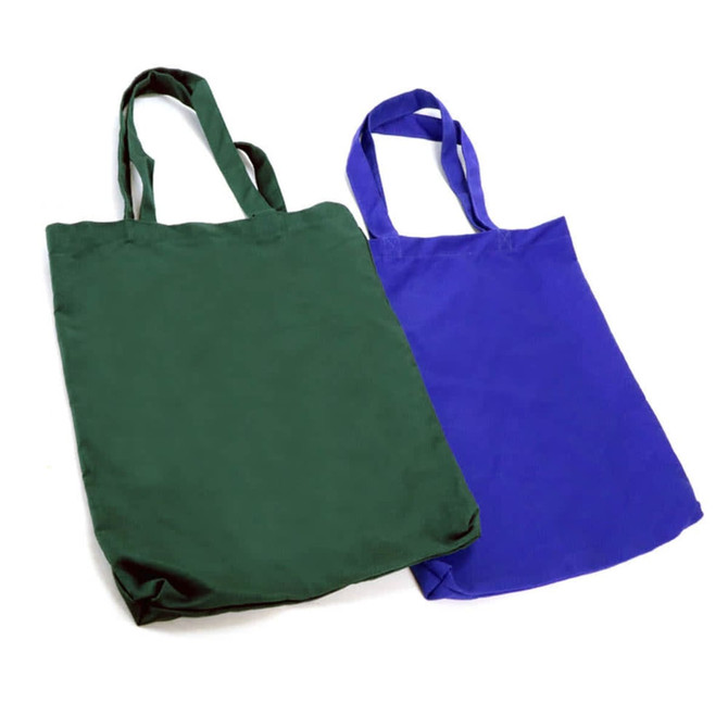 Two canvas tote bags, one in dark green and the other in vibrant blue, both featuring sturdy shoulder straps.