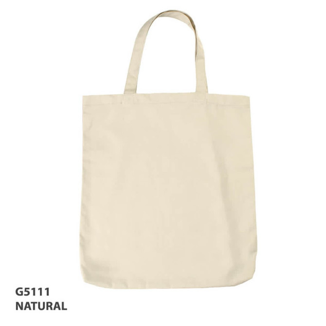 A natural-coloured canvas tote bag with sturdy handles and a simple design. Features a logo.