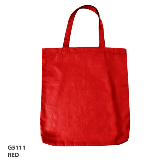 A red canvas tote bag with two handles and a simple design. It features a logo.