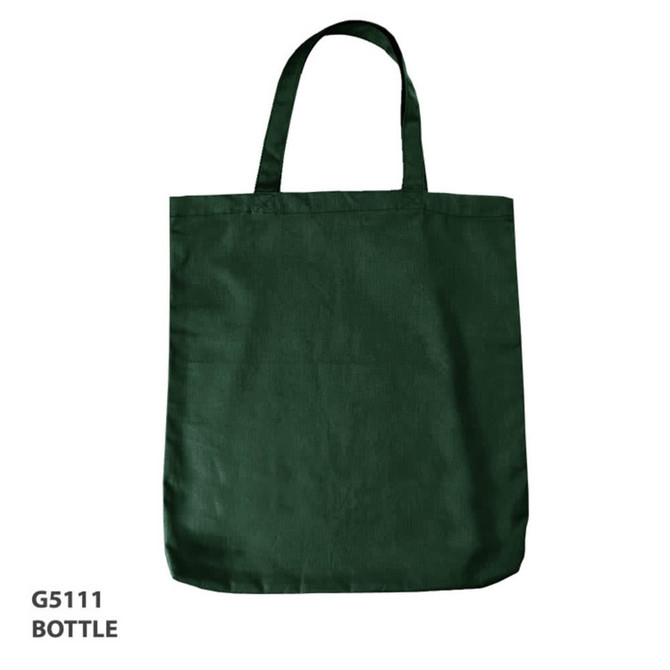 A green canvas tote bag with two shoulder straps and a simple design. It features a logo.