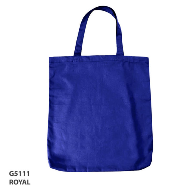 A royal blue canvas tote bag with two handles and a plain design, featuring a logo on one side.
