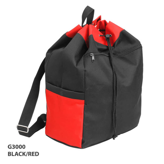 A black and red drawstring kitbag with a side pocket and adjustable strap. Features a zip closure at the top.