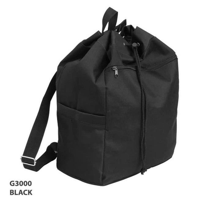 A black drawstring kitbag with a zippered top, shoulder strap, and a side pocket. It features branding on the side.