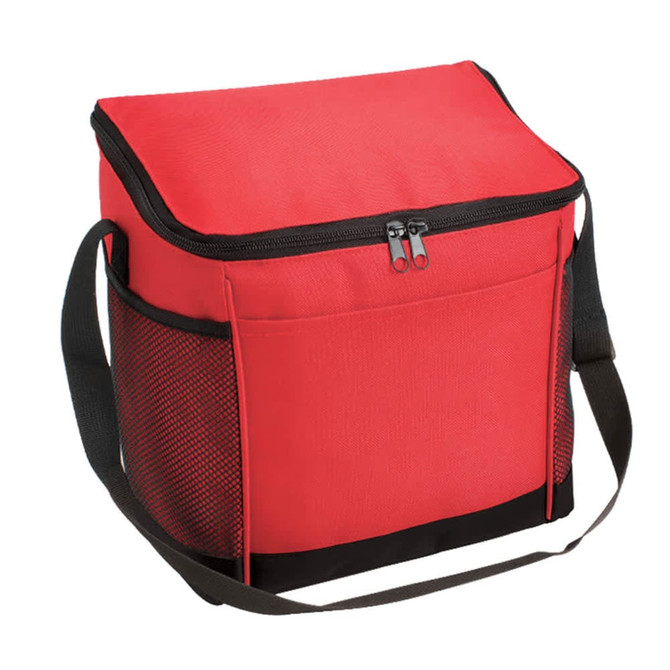 A red cooler bag with a zippered top and a black base, featuring a side mesh pocket and an adjustable strap.