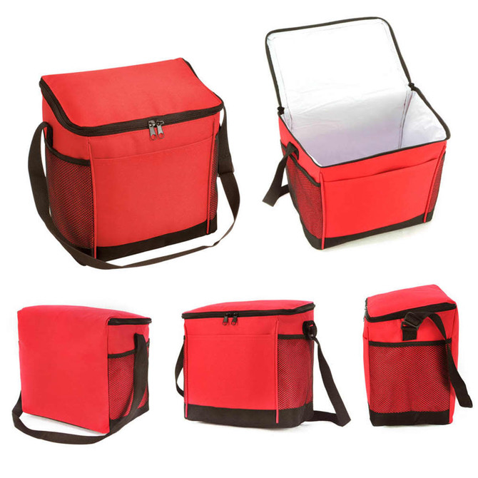 A red cooler bag with a zippered top, featuring mesh side pockets and an adjustable shoulder strap. It has a logo.