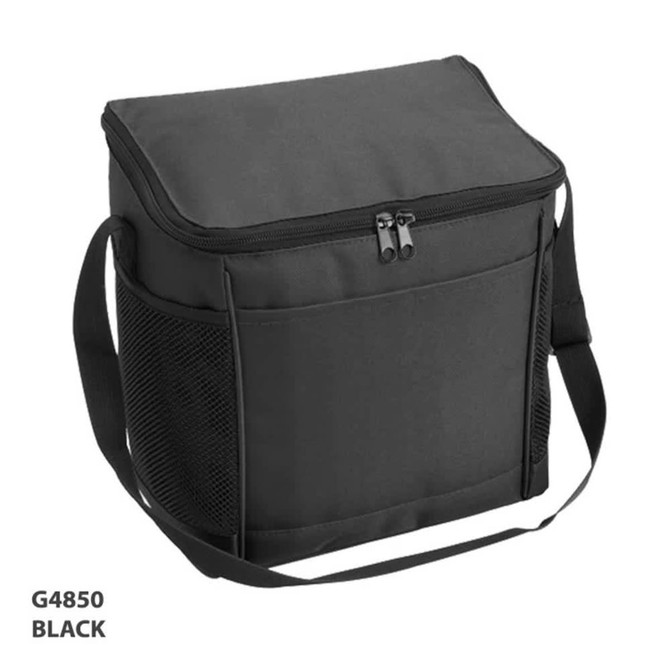 A black cooler bag with a zippered top, featuring a shoulder strap and mesh side pocket. It has a logo on the front.