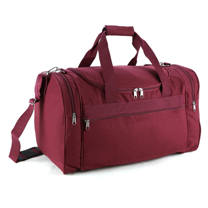 A maroon duffle bag with multiple zippers and handles for easy carrying. It features a shoulder strap and has a logo.