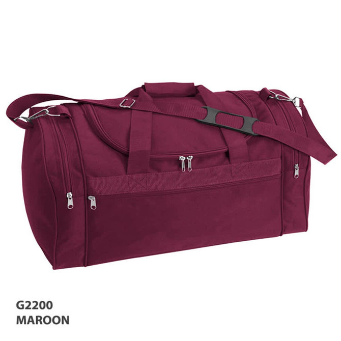 A maroon duffle bag with multiple compartments and a shoulder strap, featuring a logo.