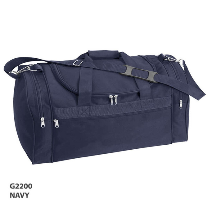 A navy duffle bag with multiple zippered compartments and a shoulder strap. It features a logo on the side.