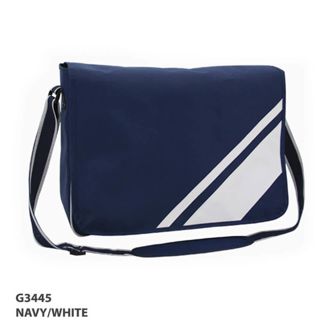 A navy and white conference satchel bag featuring a diagonal design and an adjustable shoulder strap.