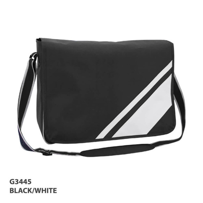A black and white satchel bag with an adjustable strap and a geometric design. It features a logo on the side.