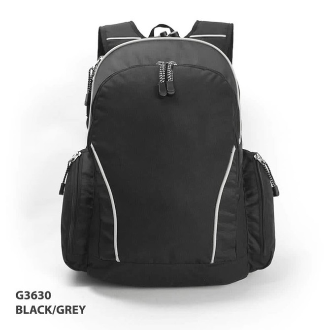 A black and grey Duplex Backpack featuring multiple zippered pockets and reflective details. Includes a logo.