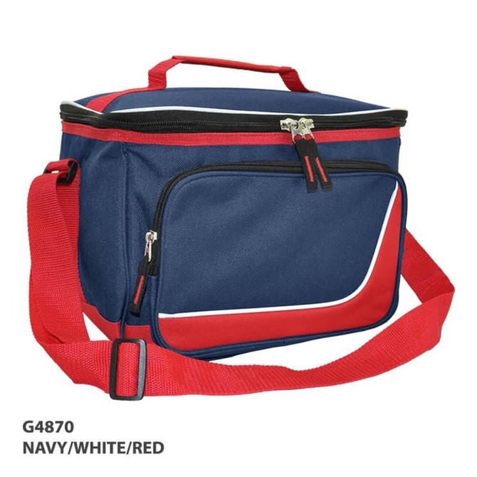 A navy cooler bag with red accents and a shoulder strap, featuring a zippered compartment and pocket.