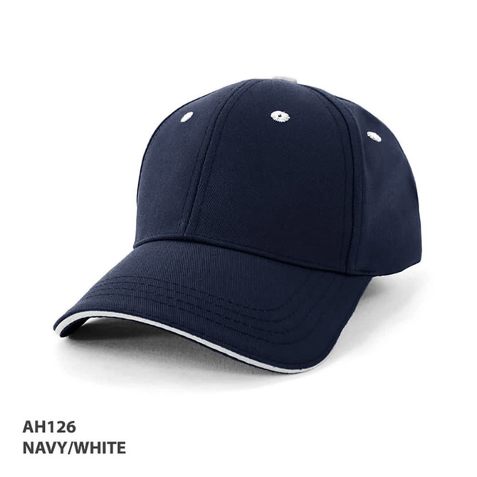 A navy and white cap with a logo, featuring a structured design and contrasting stitching details.