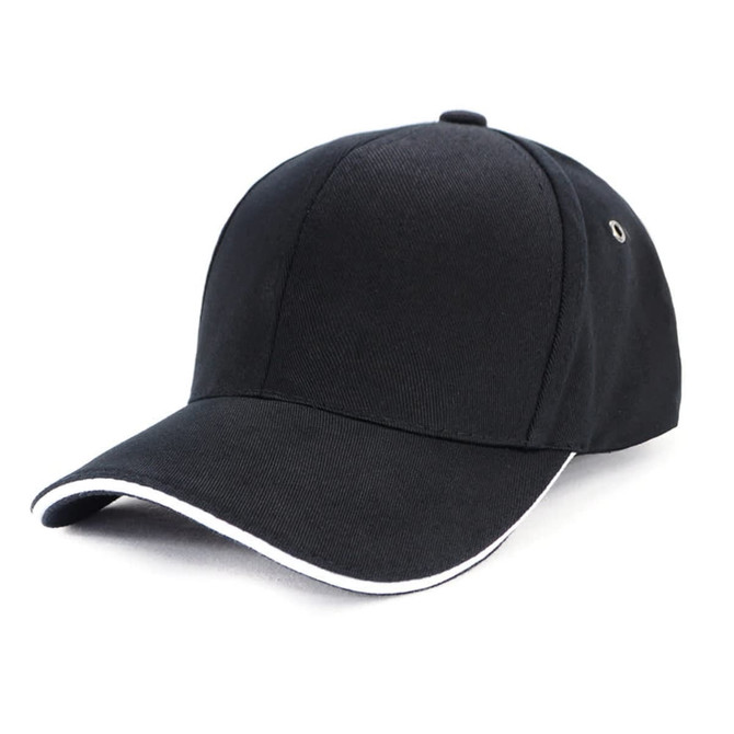 A black organic cotton sandwich cap with a contrasting white brim and a logo on the side.