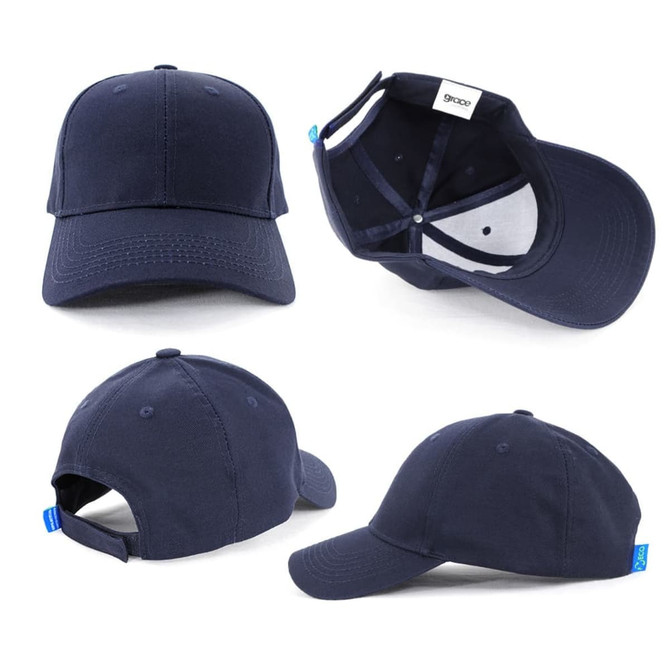 A navy blue cap featuring a structured design and an adjustable strap, with an internal logo.