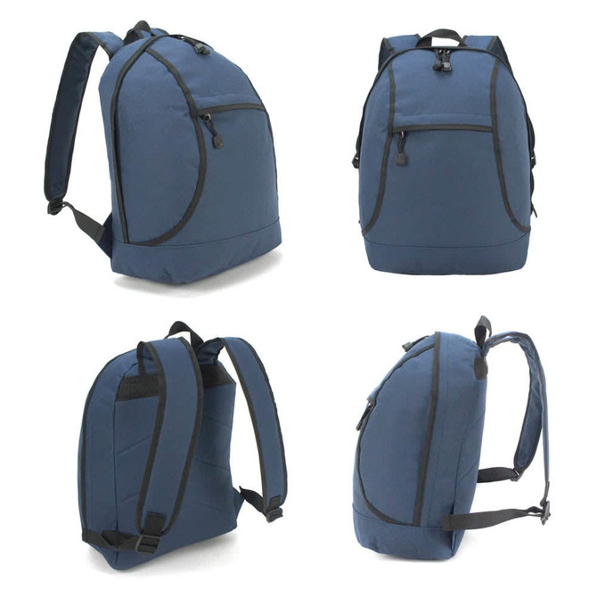 A navy blue backpack with multiple compartments, zippers, and adjustable straps. It features a logo on the front.