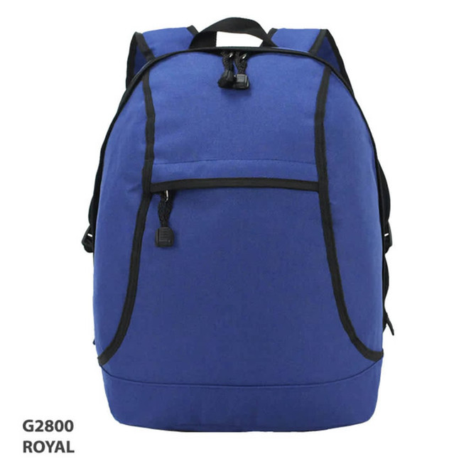 A royal blue backpack with black accents and a front pocket, featuring a logo.