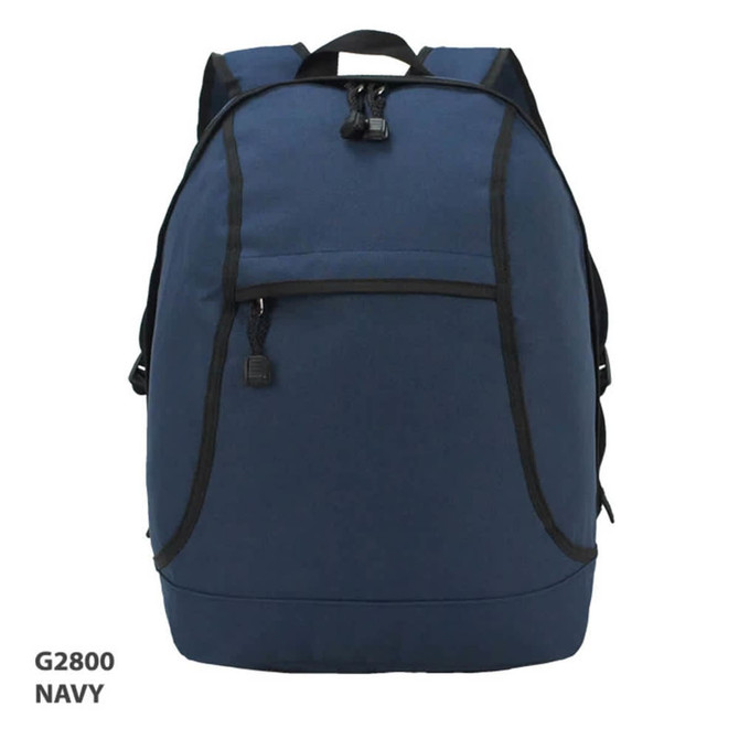 A navy backpack with a front pocket and a zip closure, featuring a logo or branding.