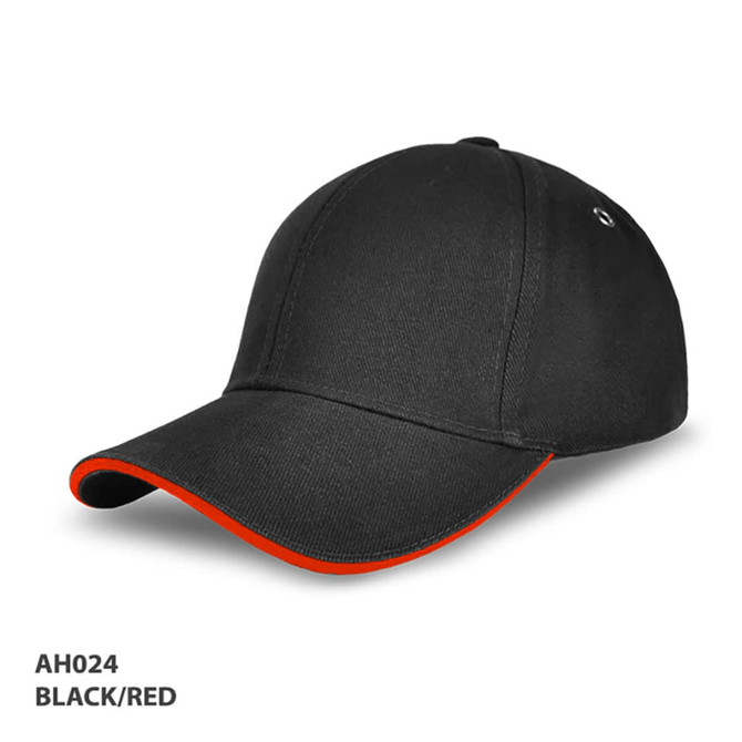 A black cap with a red peak and an emblem, designed for casual wear.