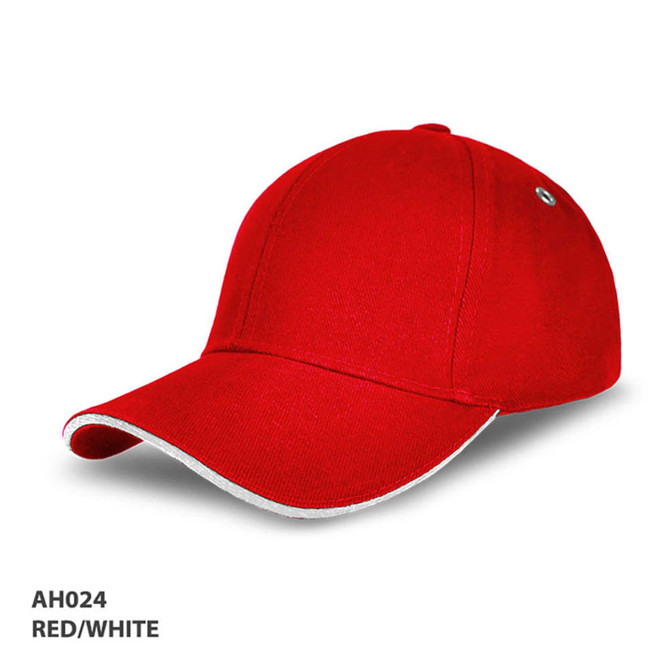 A red and white cap with a curved brim and a small logo on the side.