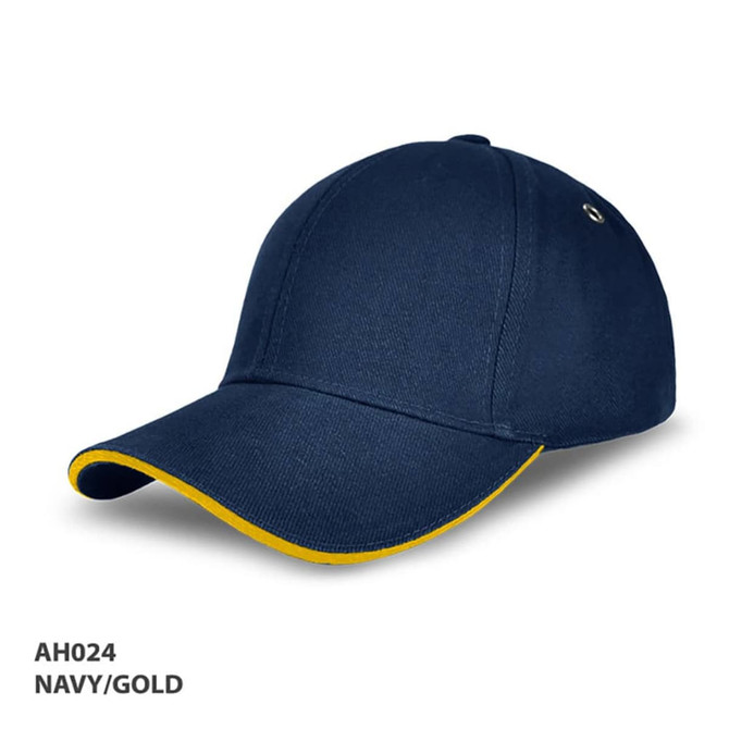 A navy cap with a gold brim, featuring a logo on the side. Suitable for casual wear.