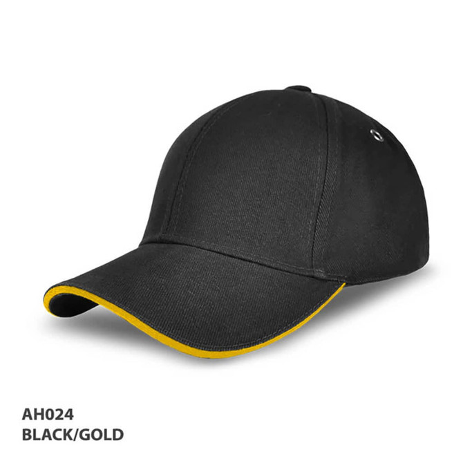 A black cap with a yellow peak and a logo on the side. Ideal for promotional use or headwear collection.