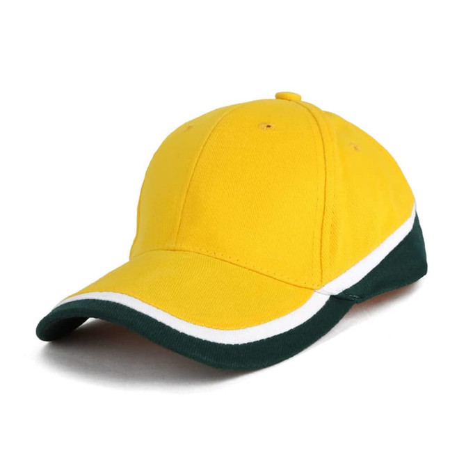 A yellow cap with a green and white trim and a branded logo on the front.