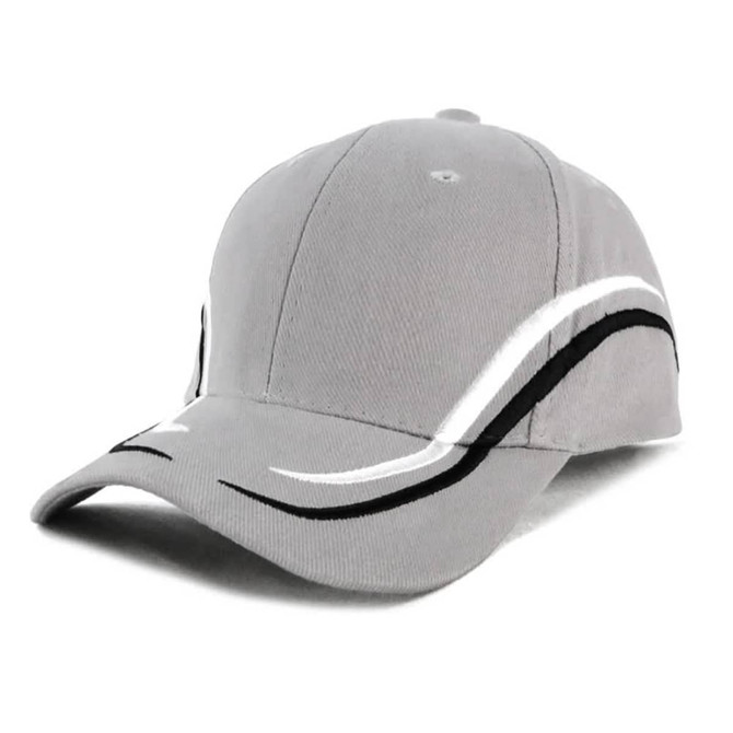 A grey cap featuring black and white detailing, with an embroidered logo on the front.