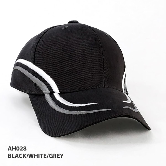A black cap with white and grey accents, featuring a stylised design and a logo.