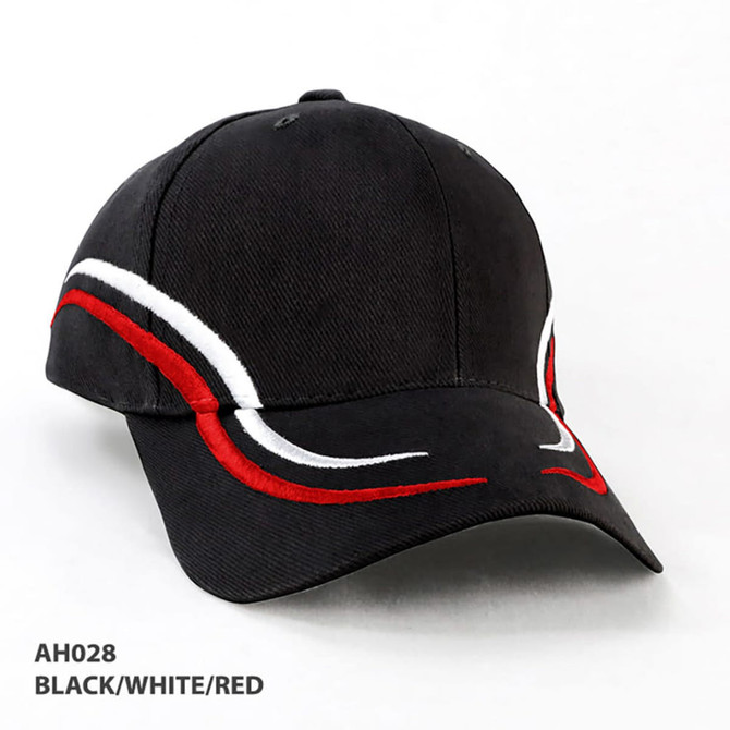 A black cap featuring red and white embroidery, with a logo on the front.