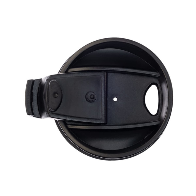 A black reusable coffee cup lid with a built-in handle and a central opening, featuring a logo.