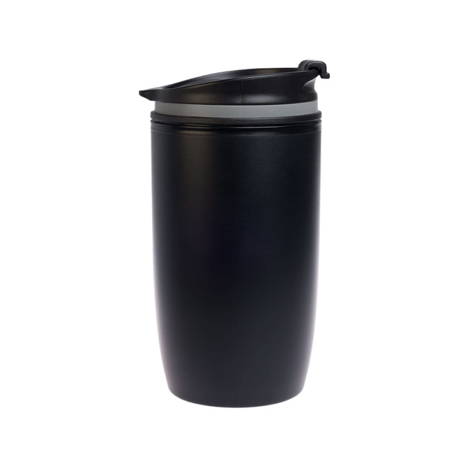 A reusable coffee cup in sleek black finish with a secure flip-top lid.
