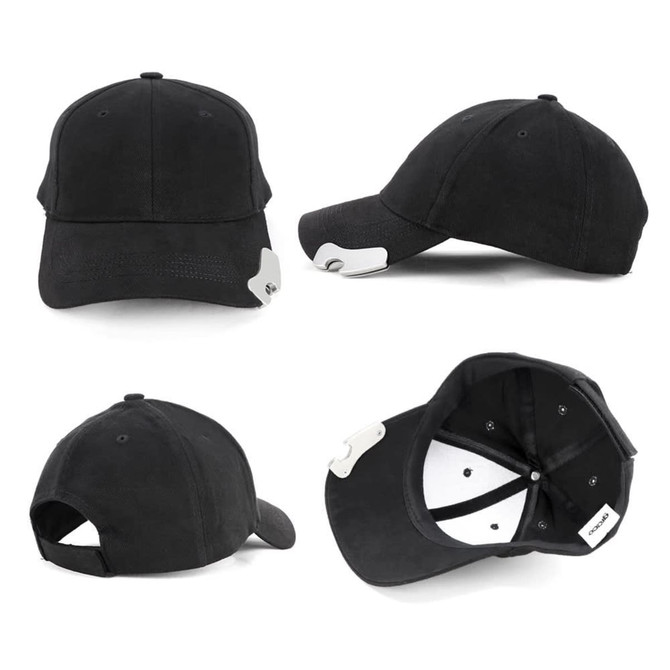 A black cap with a structured design featuring a logo and an adjustable strap at the back.