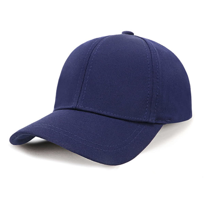 A navy blue cap with a solid design and a curved brim, featuring a logo on the front.
