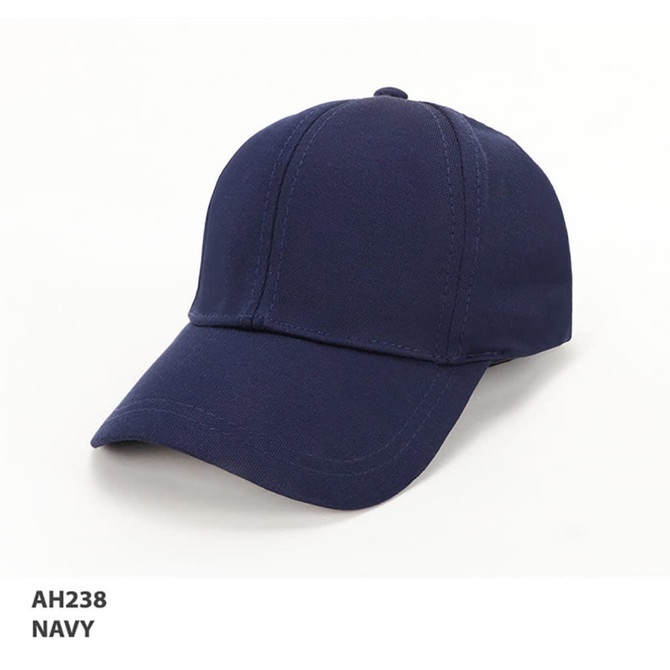 A navy cap with a curved brim and an attached logo, designed as a casual headwear option.