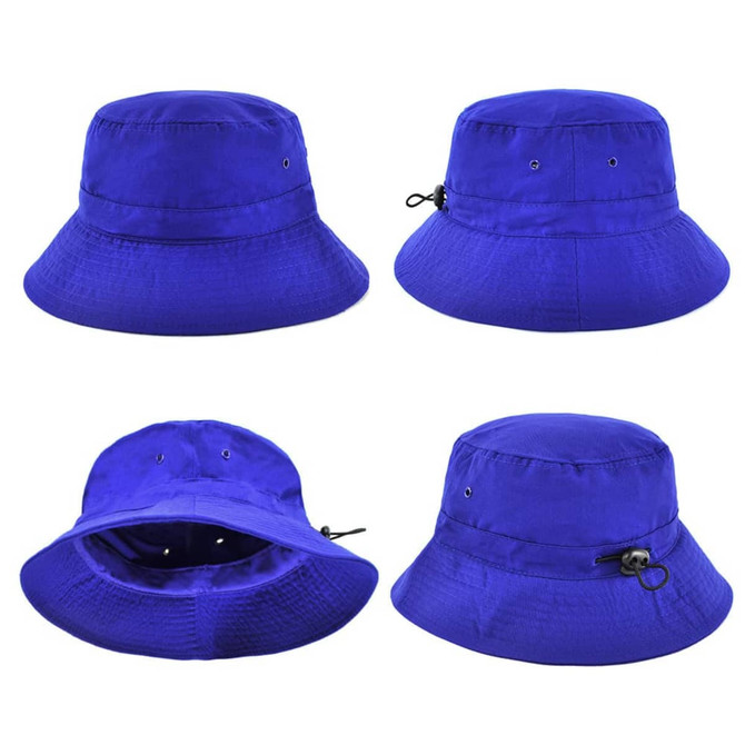 A vibrant blue polyviscose bucket hat featuring multiple angles and a drawstring for adjustment, with a logo present.