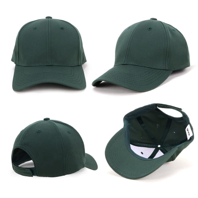 A green cap featuring a solid design and a back strap for adjustment. It has a logo on the side.