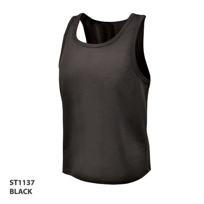 A black singlet featuring a logo, designed with a mesh panel for breathability. Ideal for casual wear or sports.