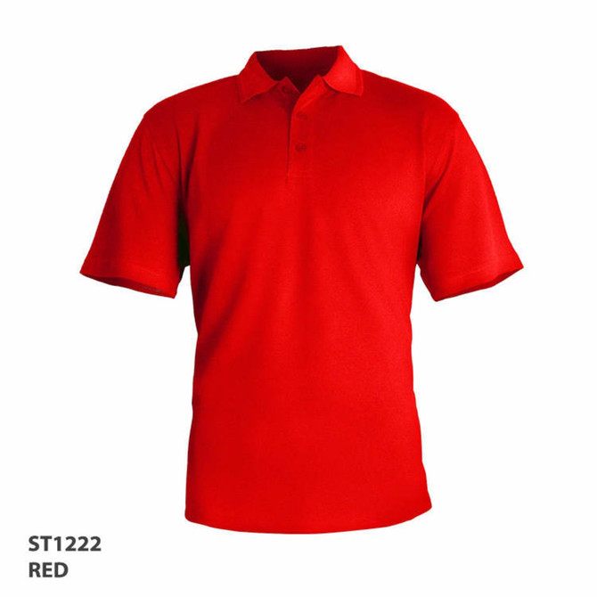 A red polo shirt with a collar and short sleeves, featuring a small logo.