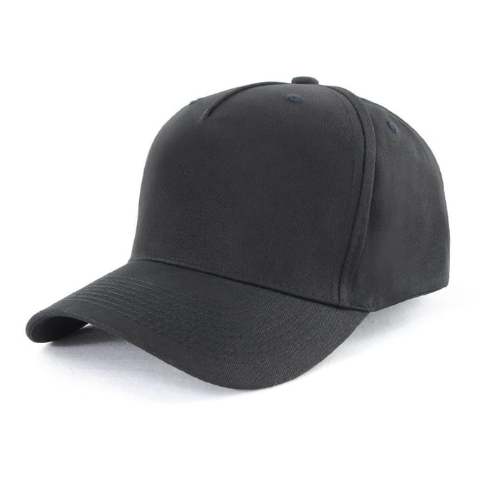 A black 5-panel cap made of 100% cotton, featuring a plain design and a logo on the front.