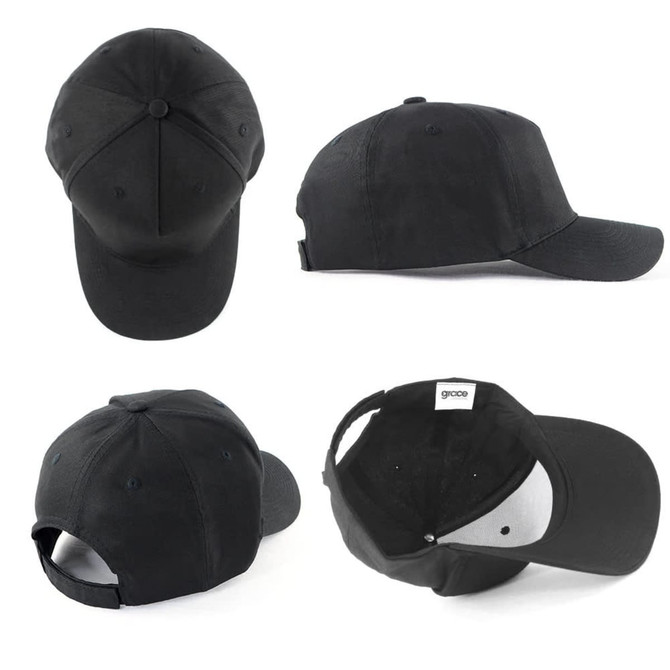 A black 5-panel cap made of 100% cotton, featuring a branding logo and multiple viewing angles.